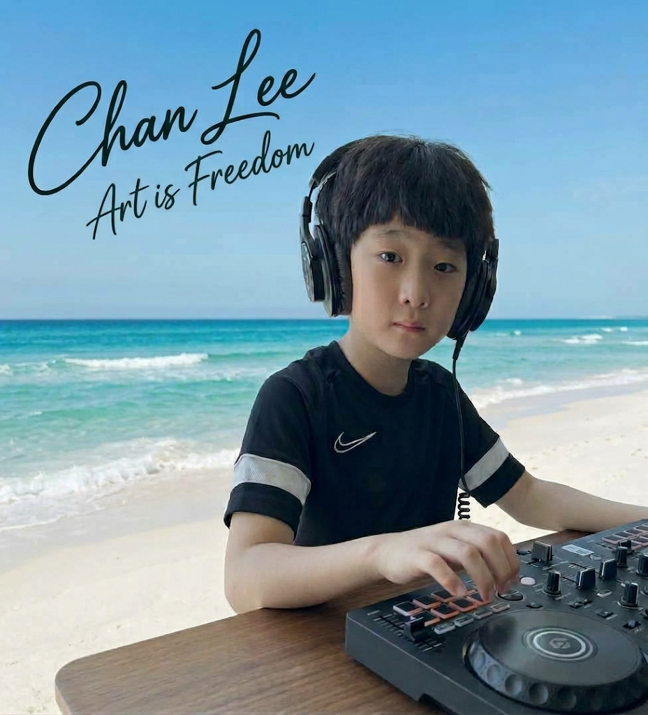 Chan Lee wearing headphones at a DJ controller by the beach