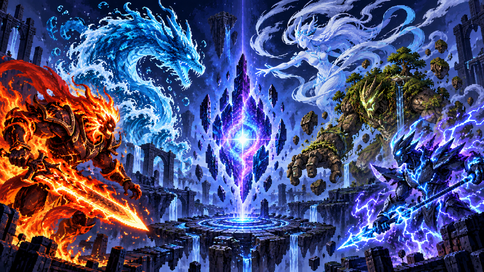 Elemental Rift multiplayer cover showing five elemental guardians